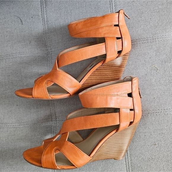 Nine West Orange Wedge Sandals Size 8 Open Toe High Heel Summer Shoes - Picture 1 of 9